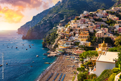 Fototapeta Naklejka Na Ścianę i Meble -  View of Positano with comfortable beach and blue sea on Amalfi Coast in Campania, Italy. Positano village on the Amalfi Coast, Salerno, Campania. Beautiful Positano, Amalfi Coast in Campania.