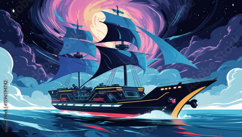 Futuristic sci-fi galleon with blue sails traversing a cosmic sea portal.