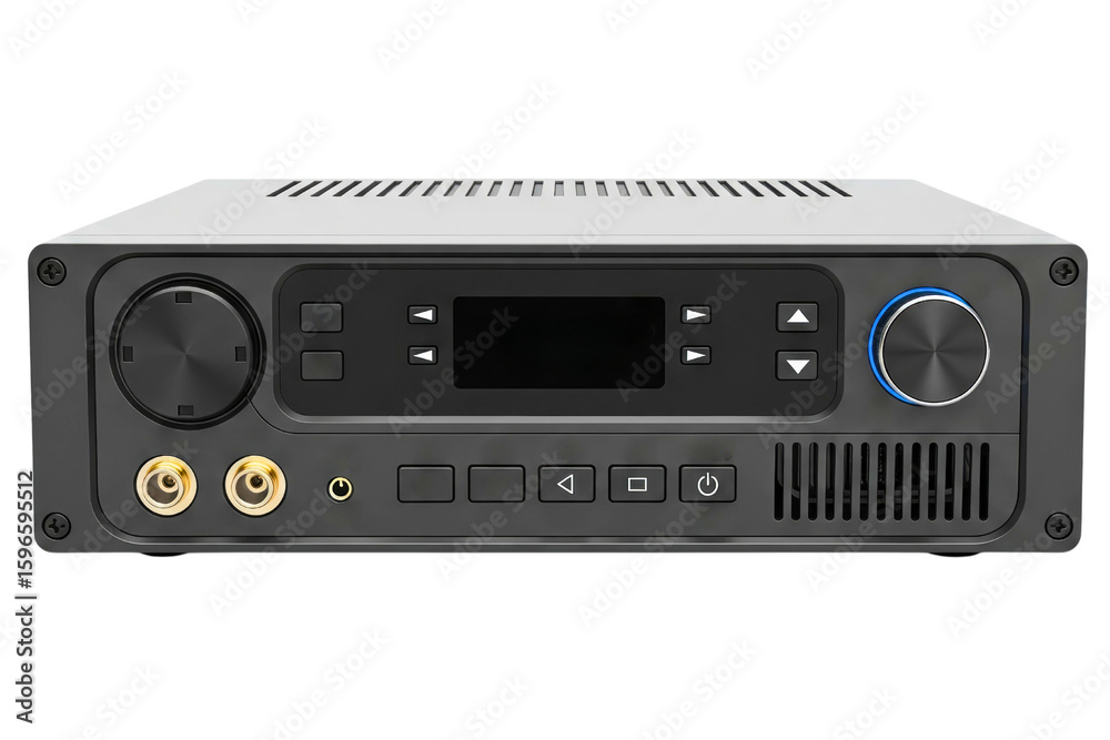 Obraz premium Modern audio amplifier and digital-to-analog converter isolated on a transparent background