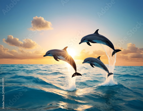 Dolphins are jumping in the blue water at sunset. Sea landscape at sunset. 3D rendering background. dolphins at sunset.