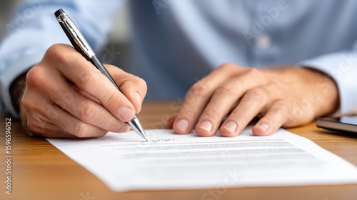 Close-Up of Hand Signing Document with Pen on Wooden Table
