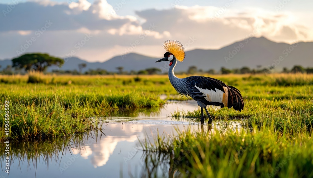 Fototapeta premium Crowned crane wades in savanna wetland