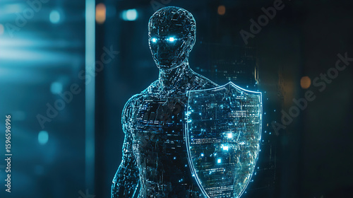 Cyber security concept futuristic digital guardian holding shield protecting data from online threats