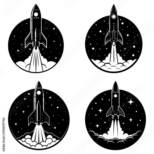 Four black and white rocket ships launching into space with stars in a circular frame design set up nicely