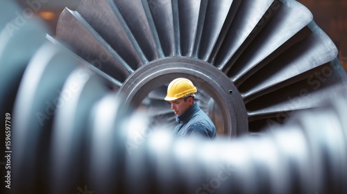 A man in a yellow helmet is looking into a large black object