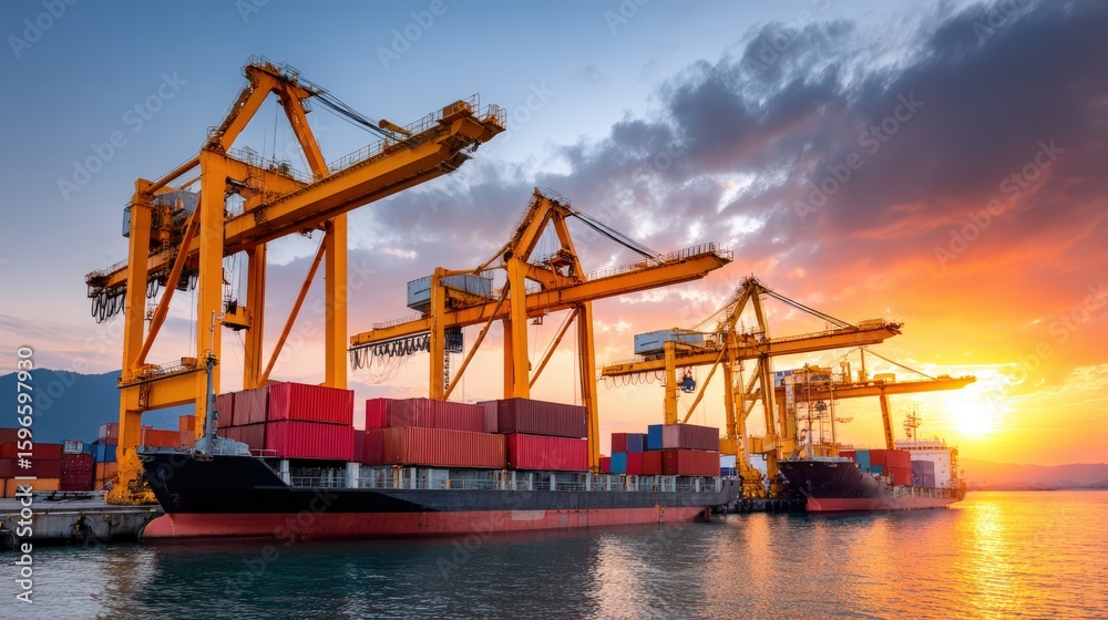 Sunset Over Harbor with Cranes and Shipping Containers in View Sunset Over Harbor with Cranes and Shipping Containers in View
