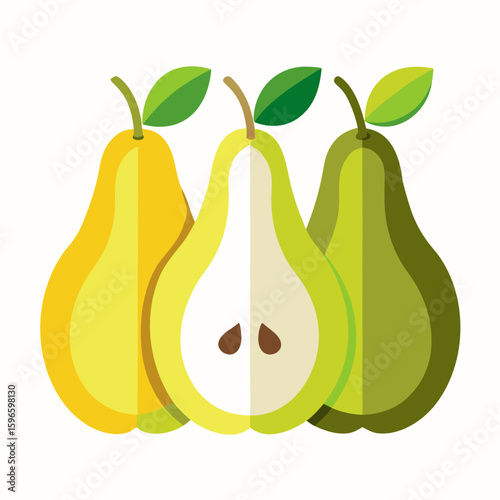 Three pears one halved with green leaves