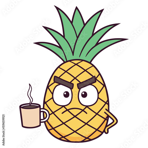 A grumpy cartoon pineapple character is holding a steaming coffee mug on a transparent background