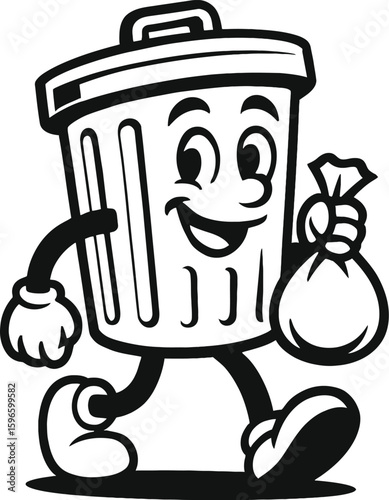 Happy Cartoon Trash Can Holding Garbage Bag Vector Illustration. Recycling, Waste Management, Cleanliness Symbol.