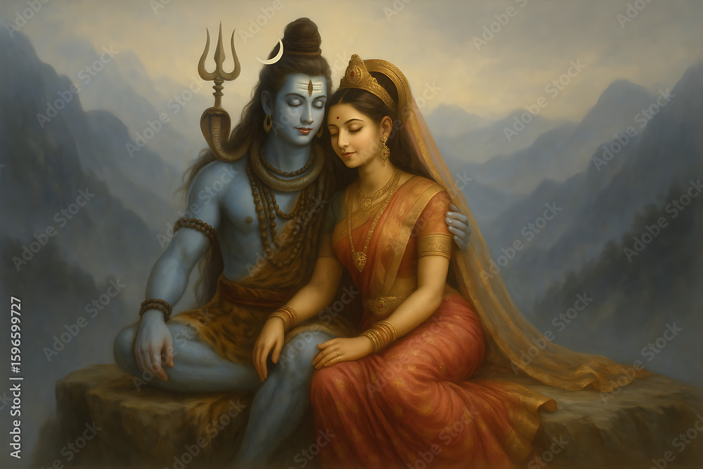 Obraz premium Divine mountain setting of mahadev parvati during sawan shivratri sharing tranquil love in meditative pose with nature and spiritual harmony in backdrop
