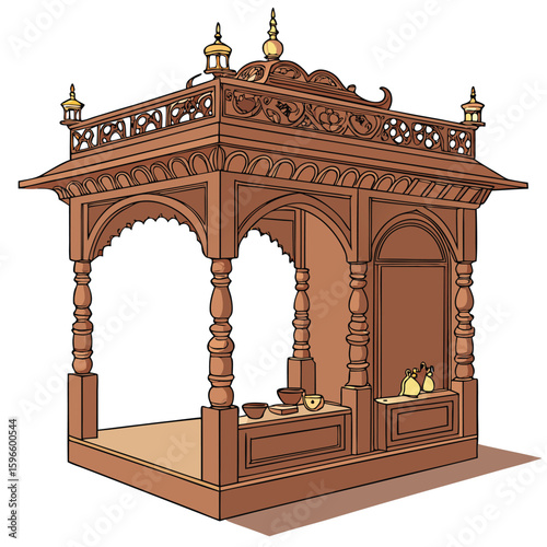 Detailed illustration of a grand wooden Hindu Mandir meticulously crafted with polished reddish wood showcasing intricate architectural details possibly with a cat element rendered in