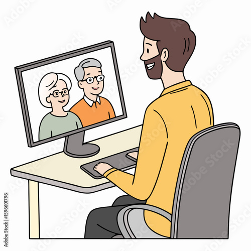 Man video calling with elderly parents on computer screen at home for family connection online chat
