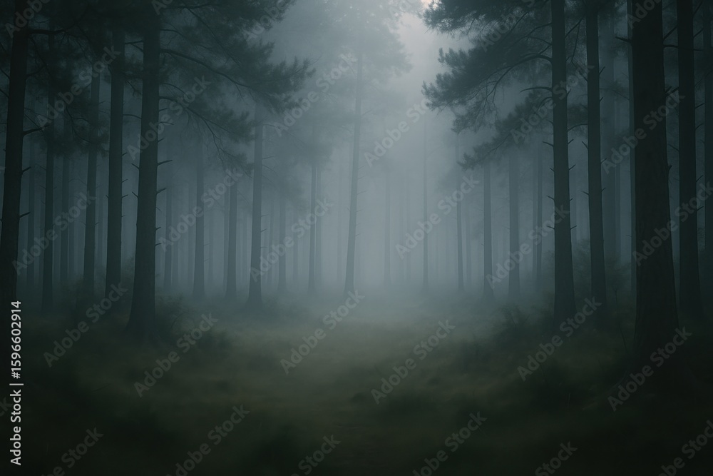 Fototapeta premium Misty Morning in a Moody Forest Enigmatic Nature Scene Tranquil Atmosphere Room for Reflection