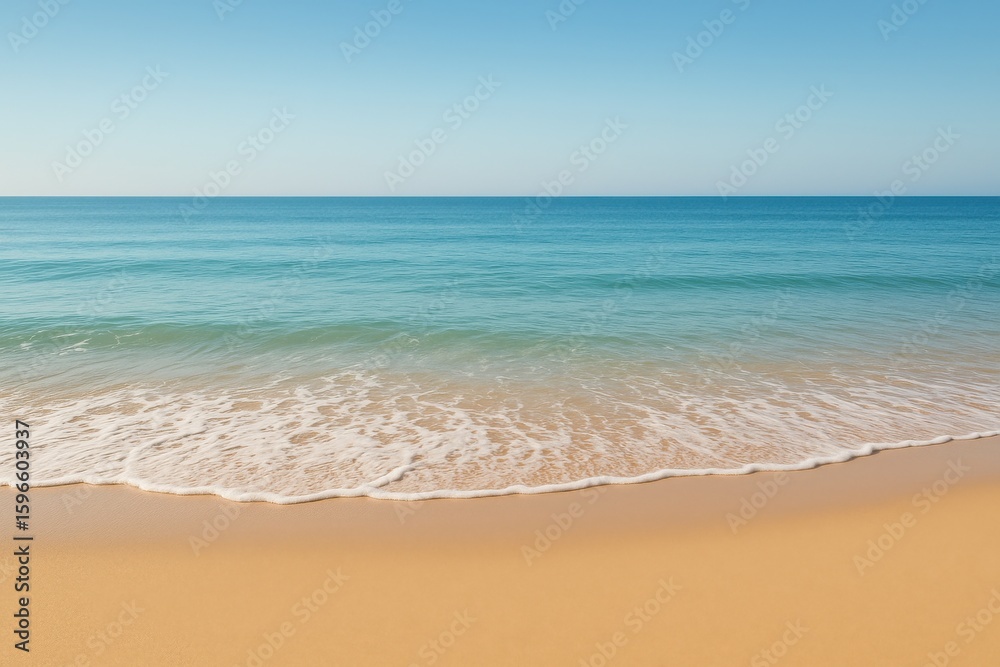 Fototapeta premium Tranquil Ocean Waves Gently Lapping Sandy Shore Serene Beach Landscape Clear Sky Peaceful Viewpoint