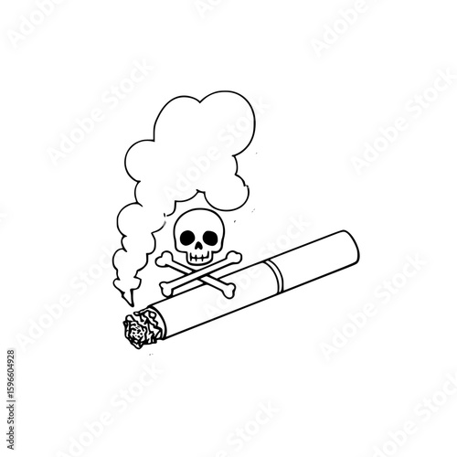 Vector illustration of an empty cigarette with smoke, featuring a white skull and crossbones in the background, in a simple flat design, as clipart on a light orange matte background