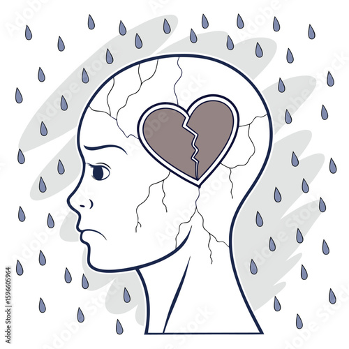 Illustration of a head with a broken heart inside and raindrops falling around the head outline shape