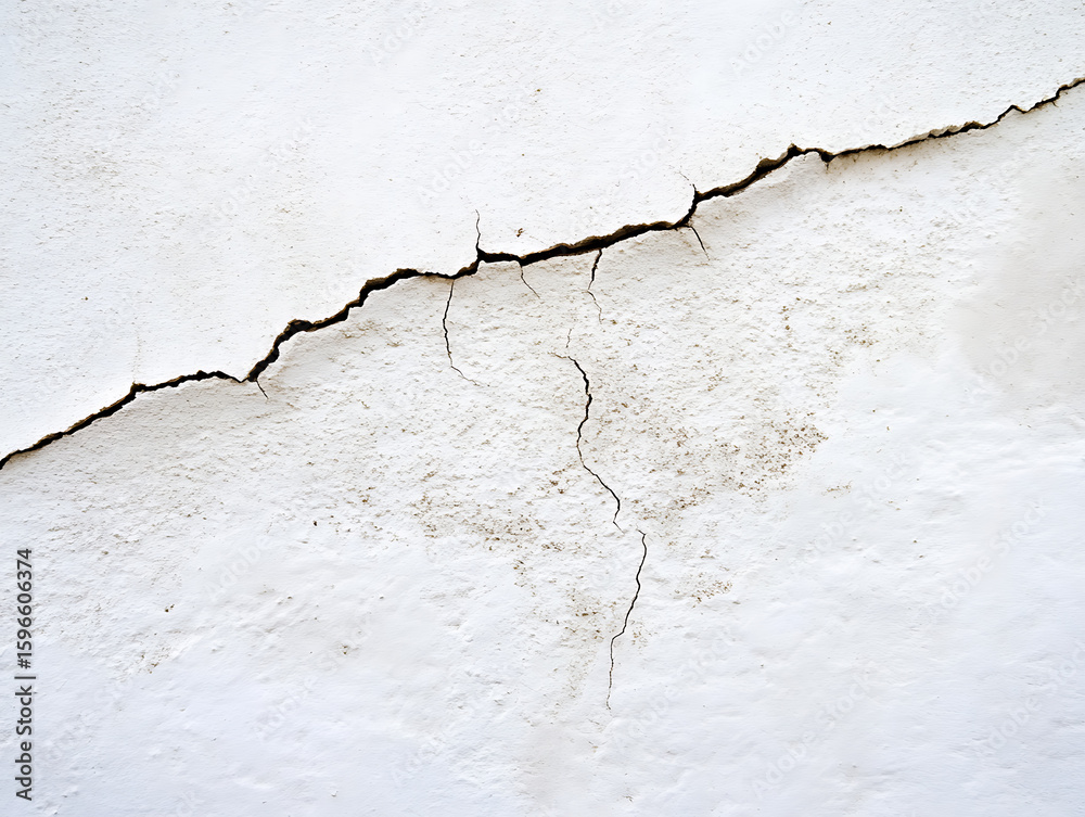 Fototapeta premium A large crack spreads across a wall, revealing damage underneath. The damage is enhanced by darker spots on the white wall and smaller cracks stemming from the main one.