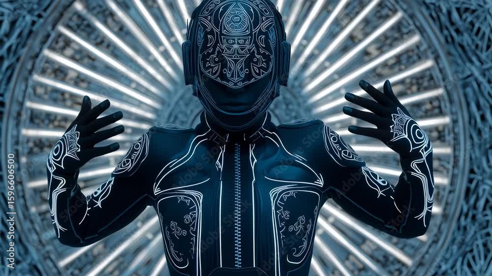 Futuristic character in an ornate cybernetic suit and helmet standing against a glowing radial backdrop, combining sci-fi aesthetics with intricate digital art.
