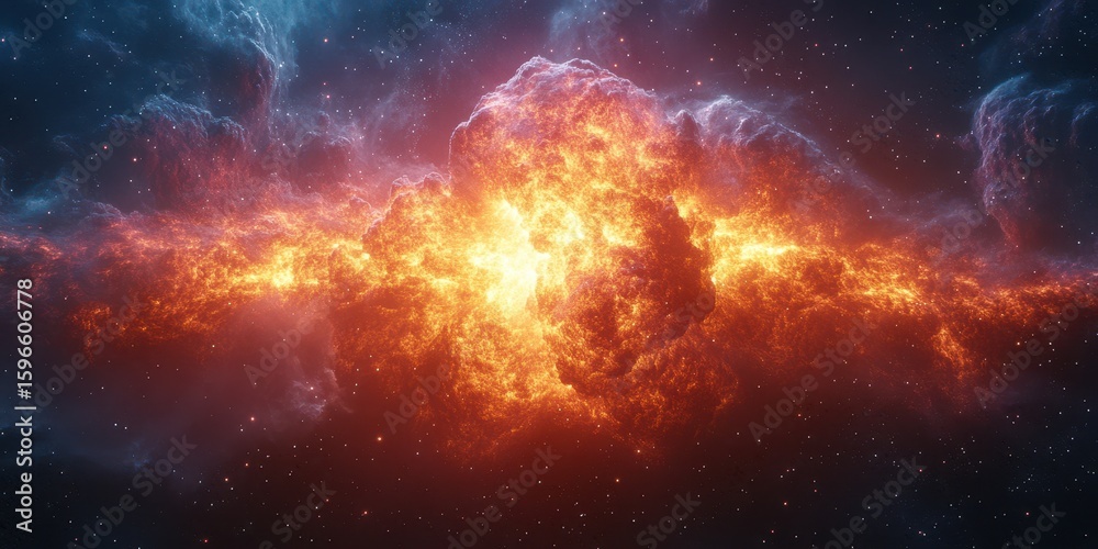 Fototapeta premium Vibrant cosmic explosion illuminated by fiery colors in deep space