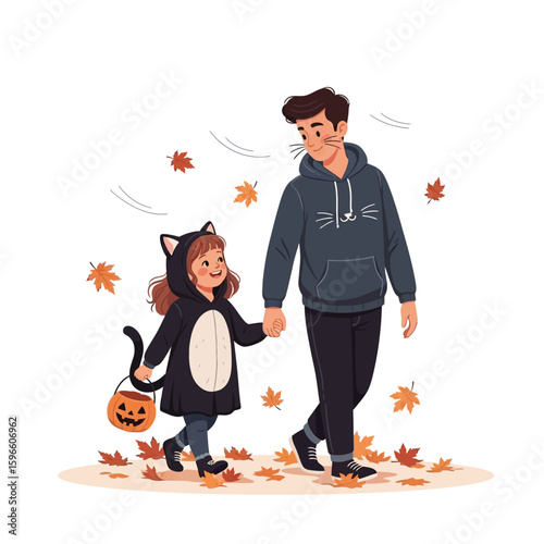 Father and daughter, hand-in-hand, enjoy a fall Halloween stroll, leaves swirling around them.  The girl is dressed in a cute black cat costume.