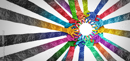 Obraz na płótnie Cooperation and support as representation of belonging and a culturally rich society ascollective effort symbolizing a professional alliance formed by different hands linked in unity
