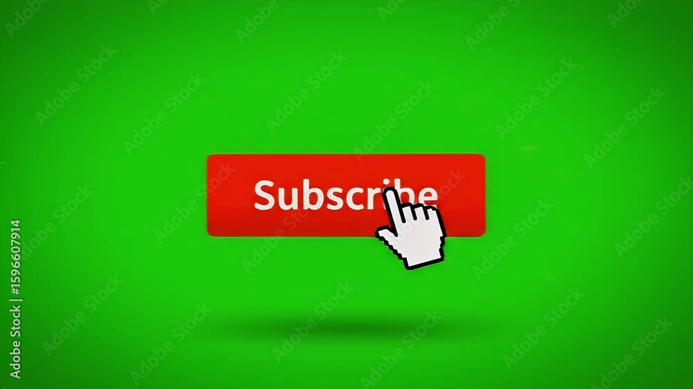 Click the Subscribe Button A digital icon of a hand activating a red subscribe button on a vibrant green screen for online video platforms.