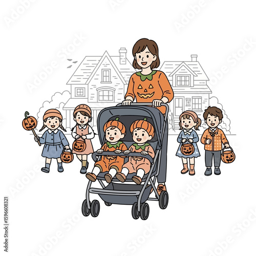 A mother with twin babies in a stroller, surrounded by children in Halloween costumes, trick-or-treating in front of a house.