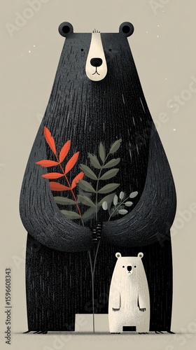 a black bear holding a log with baby beside