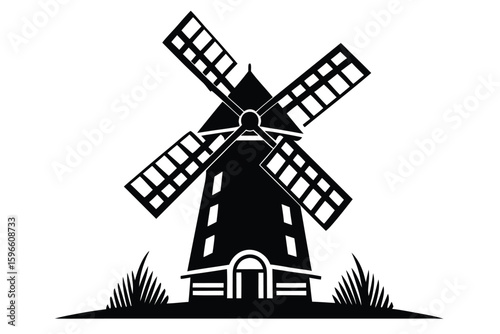 Black wind turbine with a set of rotor blades stands on the ground