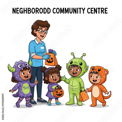 A community worker giving Halloween treats to children in various costumes.