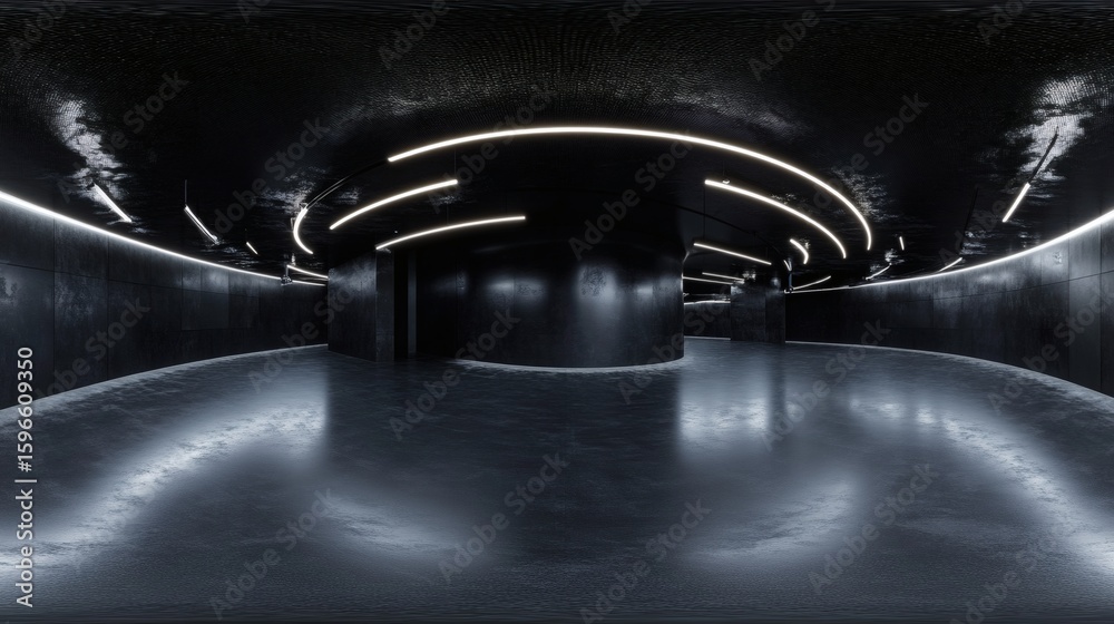Obraz premium 360 Degree full panorama environment of black minimalistic studio environment with bright lights and reflections