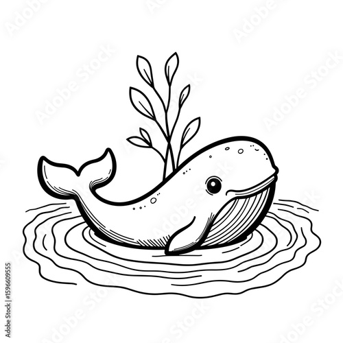 Whale spouting water in coloring book style – Cute kids drawing activity, black and white