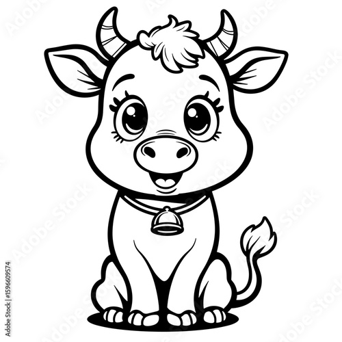 Cute cow with bell collar – Coloring book design for kids, black and white