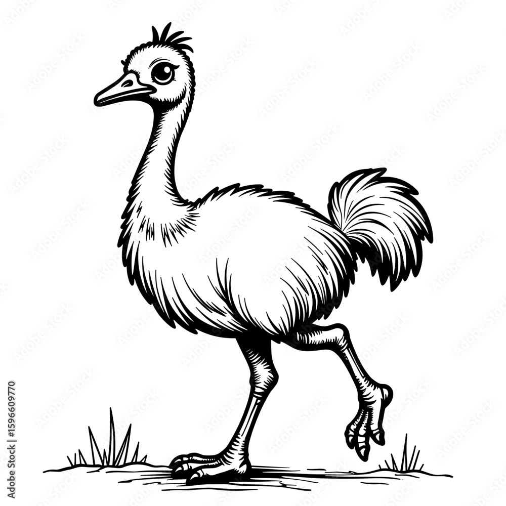 Fototapeta premium Emu walking in black and white coloring design – Cute and easy for kids