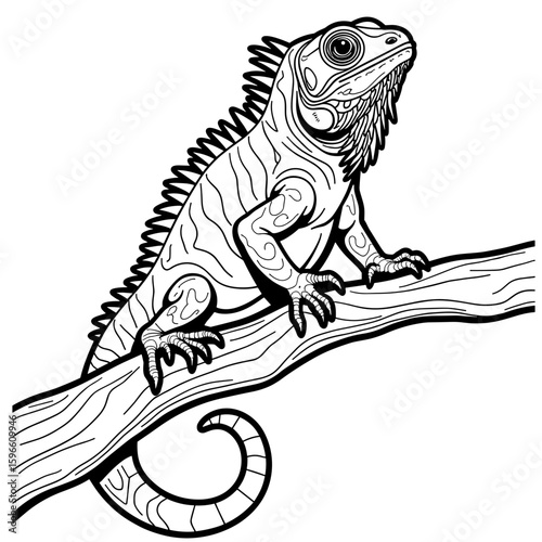 Iguana on branch, black and white coloring book, suitable for kids