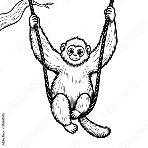 Gibbon swinging in black and white – Adorable kids' coloring book design