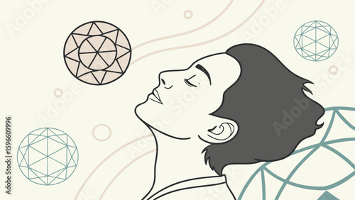 Illustration of a person looking up surrounded by geometric diamond shapes and circular patterns