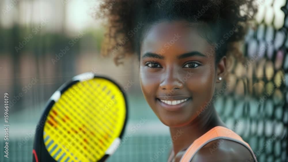 A woman holds a tennis racket on a tennis court, ready for play