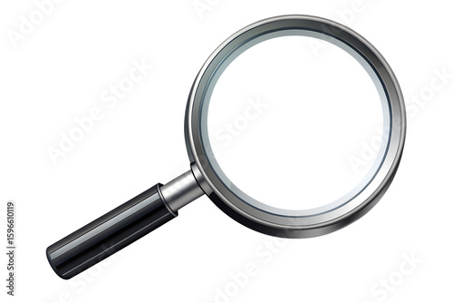 A magnifying glass with a black handle is isolated on a transparent background, ready for detailed examination