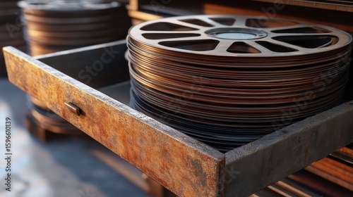 Film Reels in Vintage Wooden Drawer with Rustic Metal Finish
