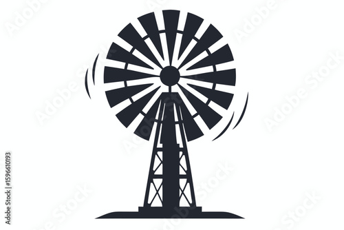 A silhouetted old windmill structure is seen spinning with motion lines in format
