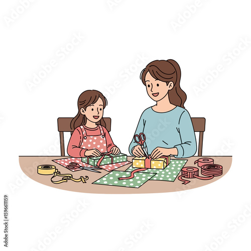 A mother and daughter are happily wrapping gifts together at a table, surrounded by wrapping paper, ribbons, and scissors.
