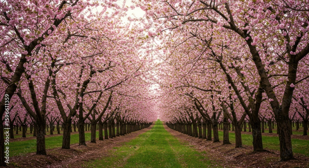 Obraz premium Pink cherry blossoms line a path
