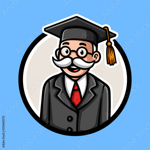 fun colorful school teacher headmaster in graduation suit cartoon character isolated drawing line style sketch classic vintage design illustration