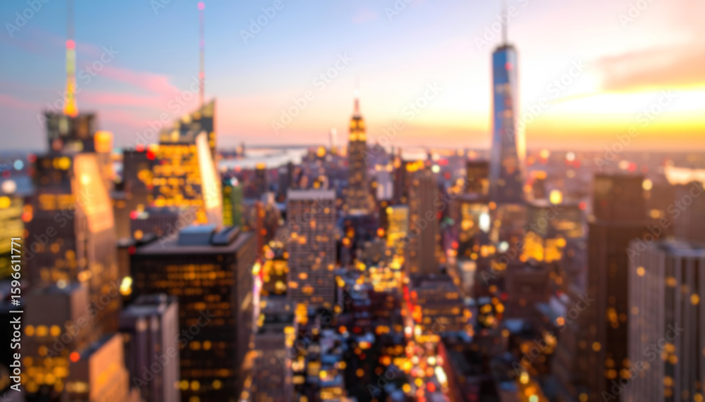 Naklejka premium Defocused Blur Across Urban Buildings in New York City at Night with Glowing Lights, Bokeh Cityscape, Manhattan Skyscrapers, Abstract Background, Evening Skyline, Modern Architecture Scene