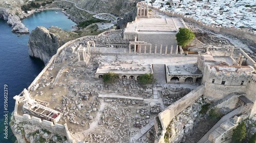 Aerial drone footage of Lindos Acropolis, in Greece.