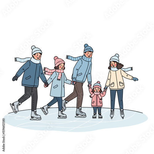 A family of five, including parents and children, ice skating together on a frozen surface.