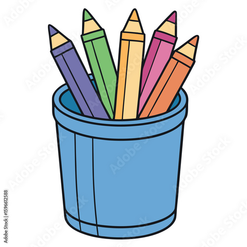 Five assorted colored pencils stand upright inside a light blue cylindrical container, a transparent background