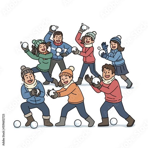 Group of children and adults having a snowball fight in winter, wearing warm clothes and hats.