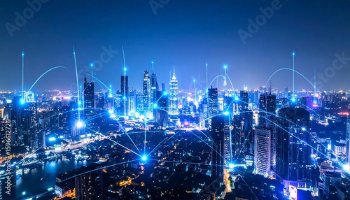 Wallpaper Mural City at night, connected by digital lines Torontodigital.ca